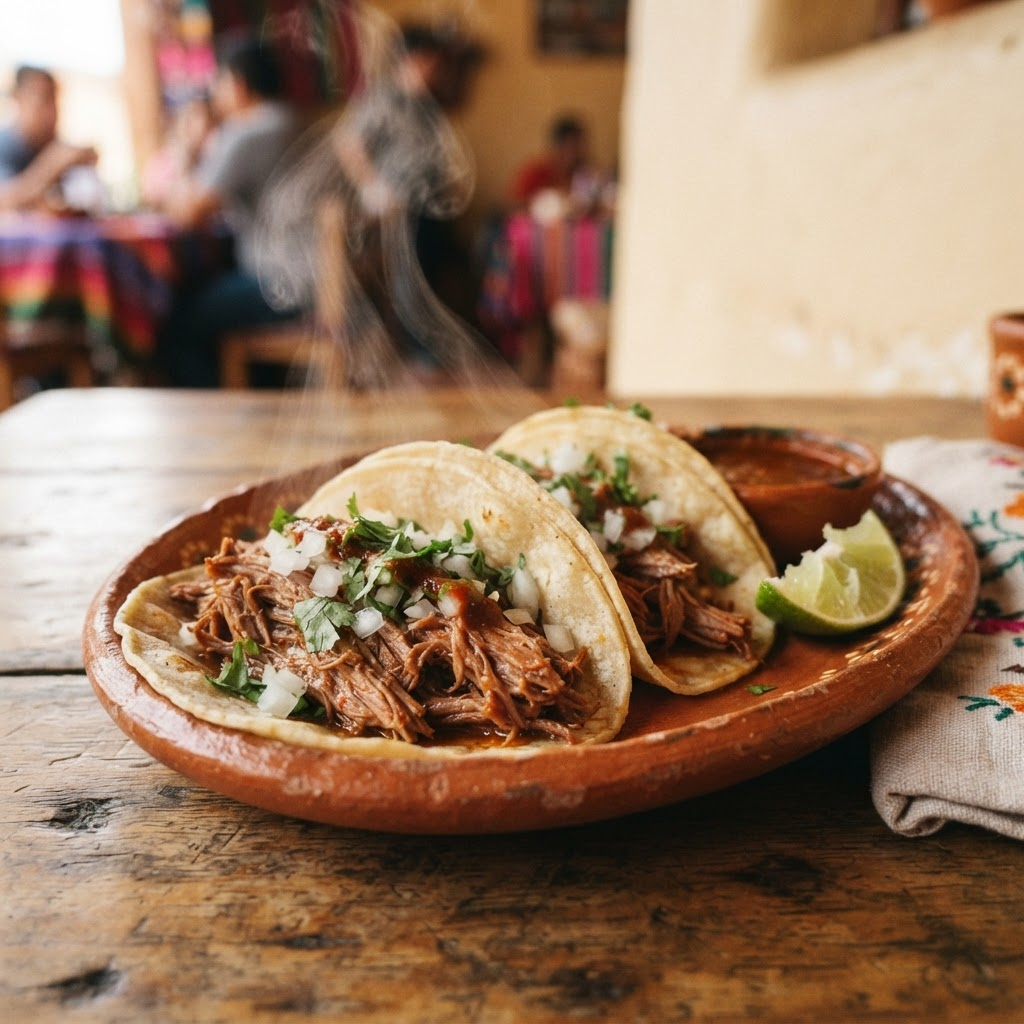 Tacos de barbacoa recién servidos con cebolla y cilantro